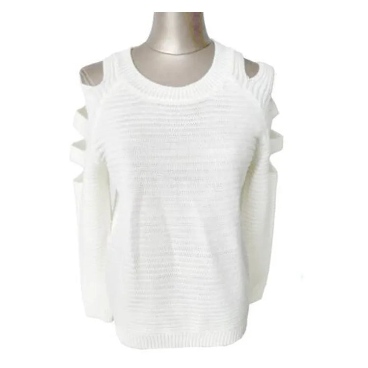 Grey women's long-sleeved knit shirt with round neck and hollow-out crochet pattern detail.