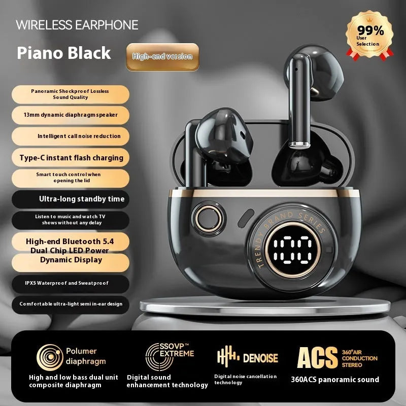 Simple Home J08C wireless Bluetooth headset in black with charging case and digital display, in-ear design
