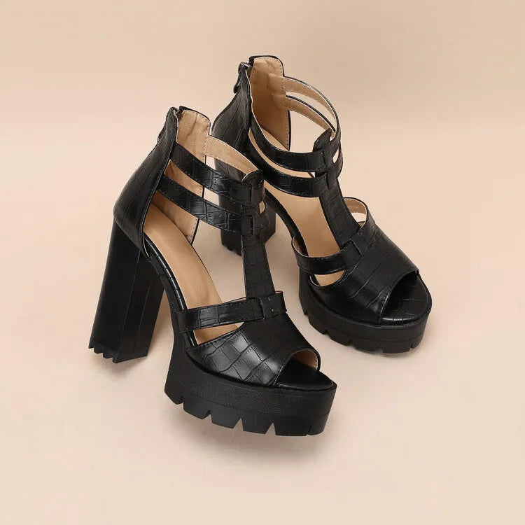 Women's black platform high heel sandals with a round toe and a back zipper fastening.