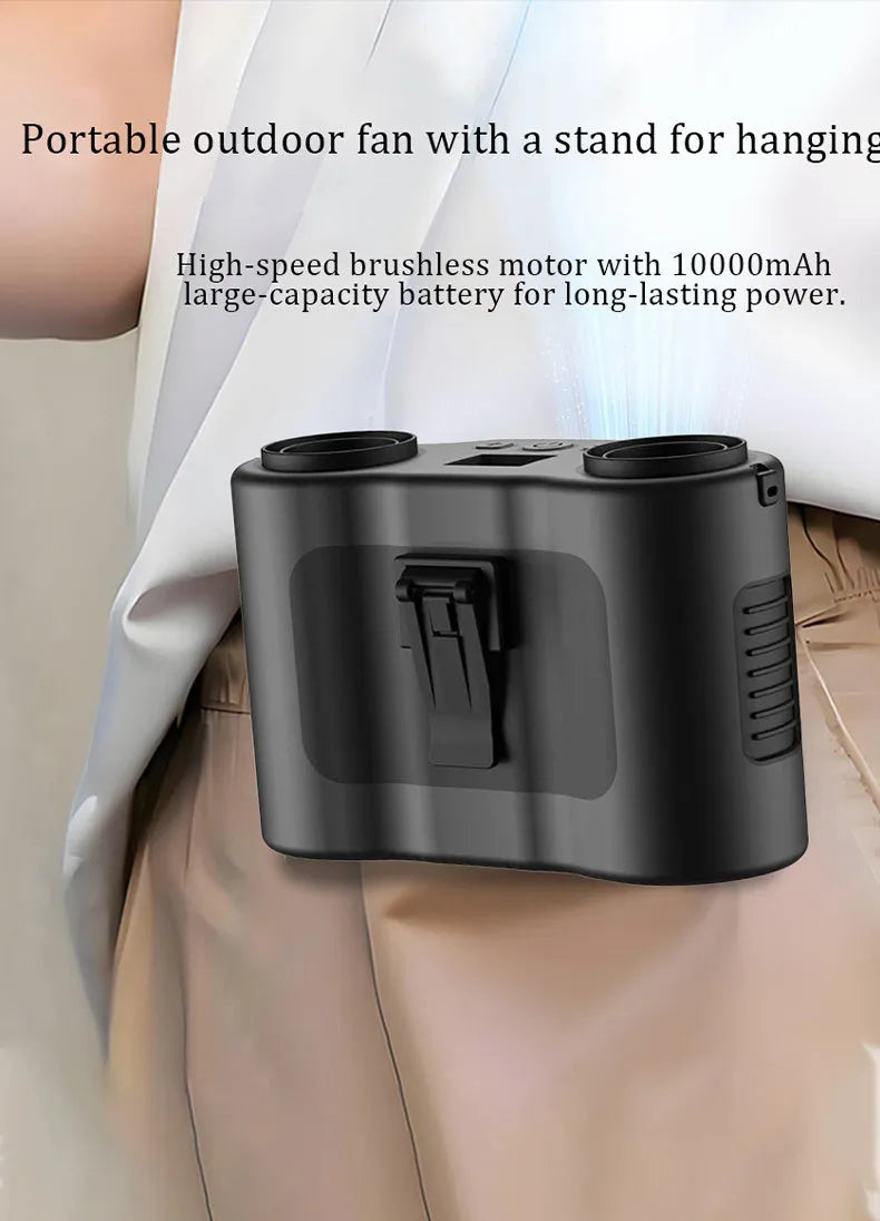 Black waist-hung personal fan with neck lanyard and waist buckle, showing turbine blades and top control button.