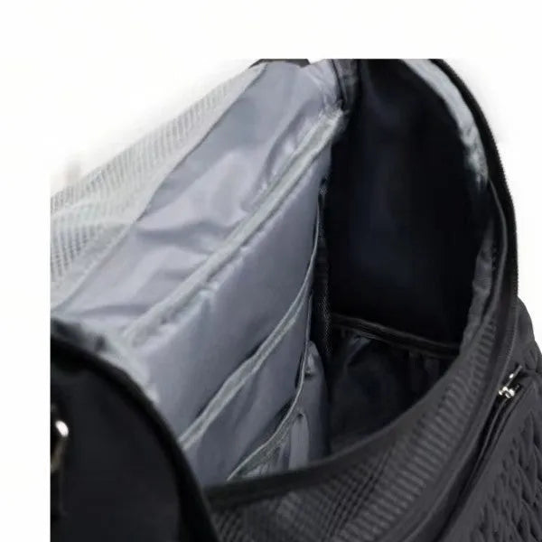 Black polyester one-shoulder insulated waterproof bag with curved strap and woven detailing
