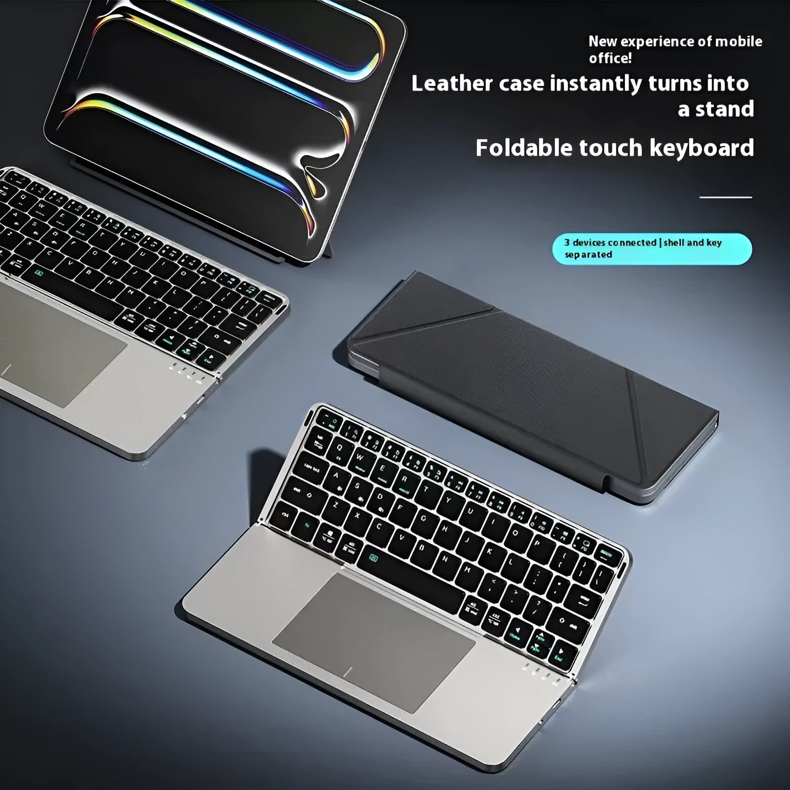 Grey wireless Bluetooth folding keyboard for mobile phones and tablets.