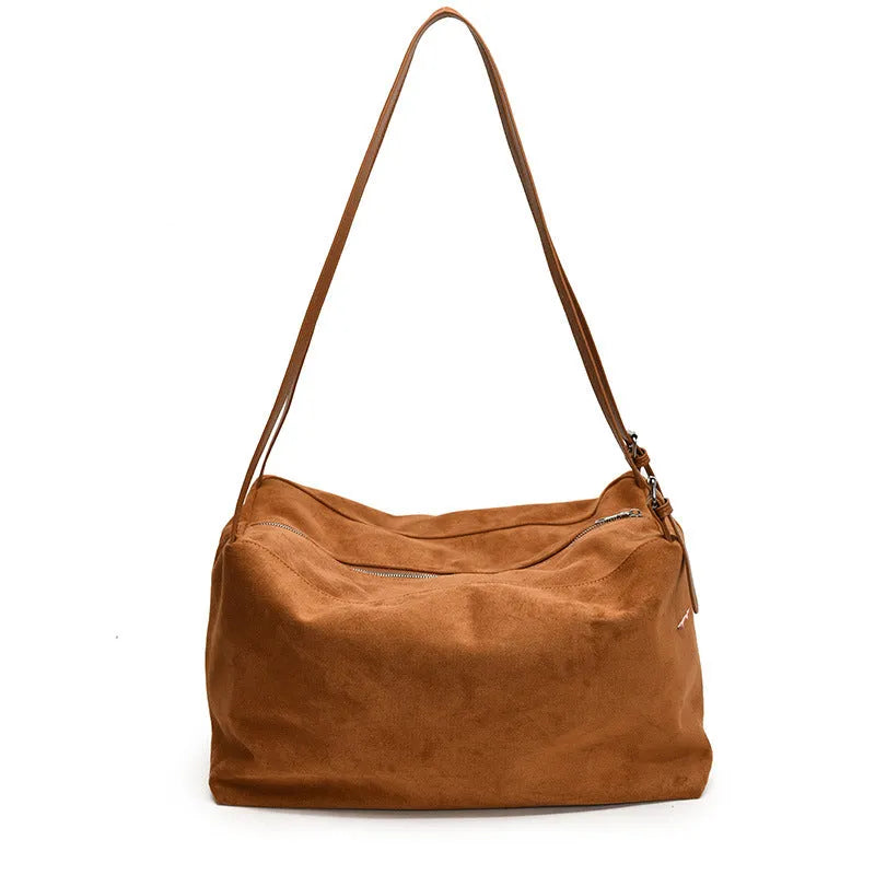 Women's large capacity suede pillow shoulder bag in PU leather, black colour, with outer slit pocket