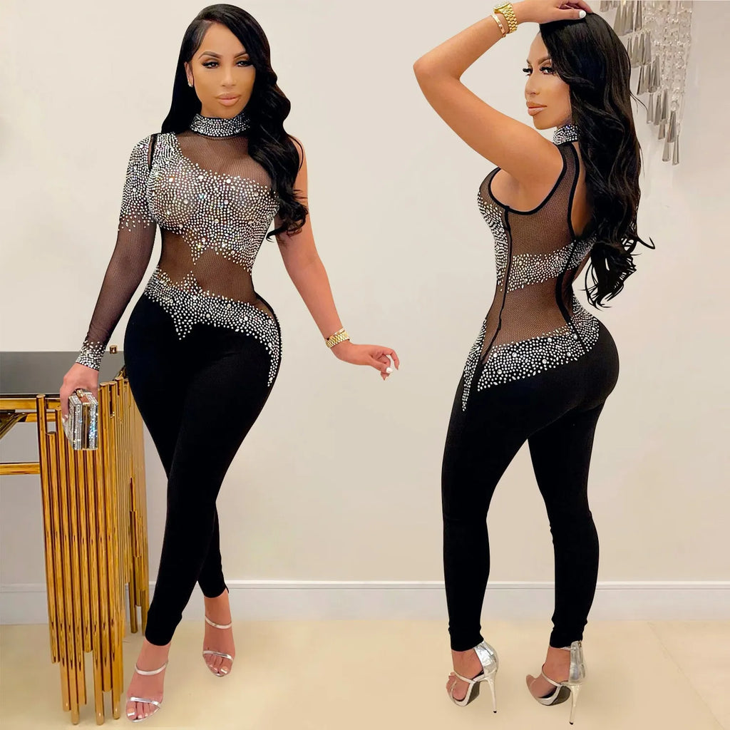 Transparent mesh rhinestone one-shoulder jumpsuit for women in black with tight trousers