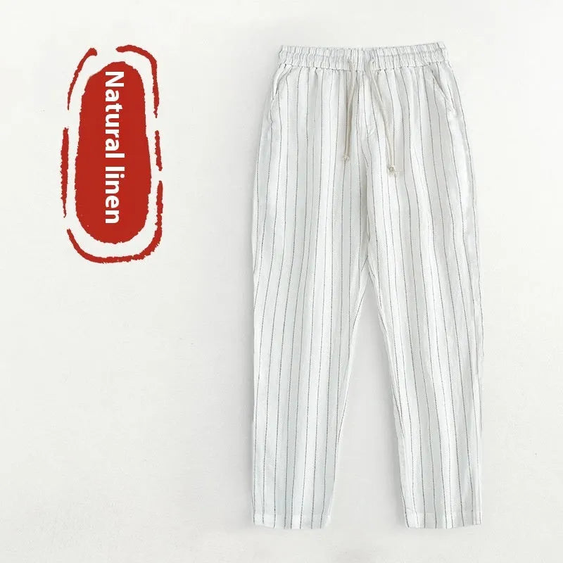 Men's striped cotton linen cropped trousers in four colour options on size chart