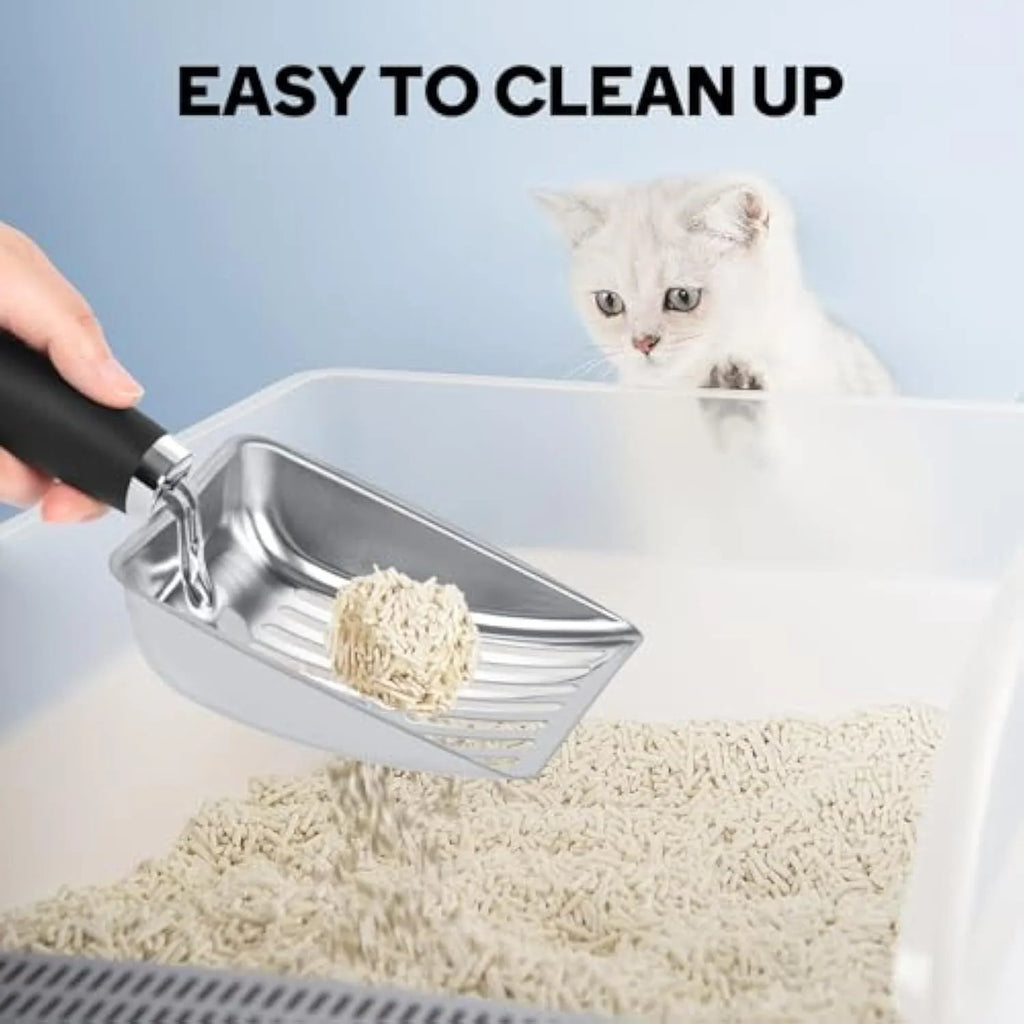 Stainless steel cat litter scoop with black comfort grip handle and 6mm sifter spacing, 26cm x 10.7cm