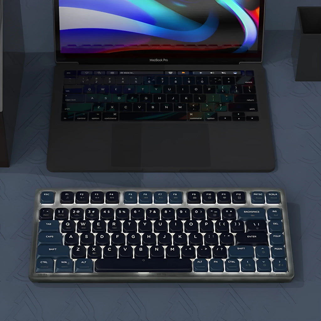 Ajazz AK832PRO wired and wireless mechanical keyboard with colour screen, shown in green colour.