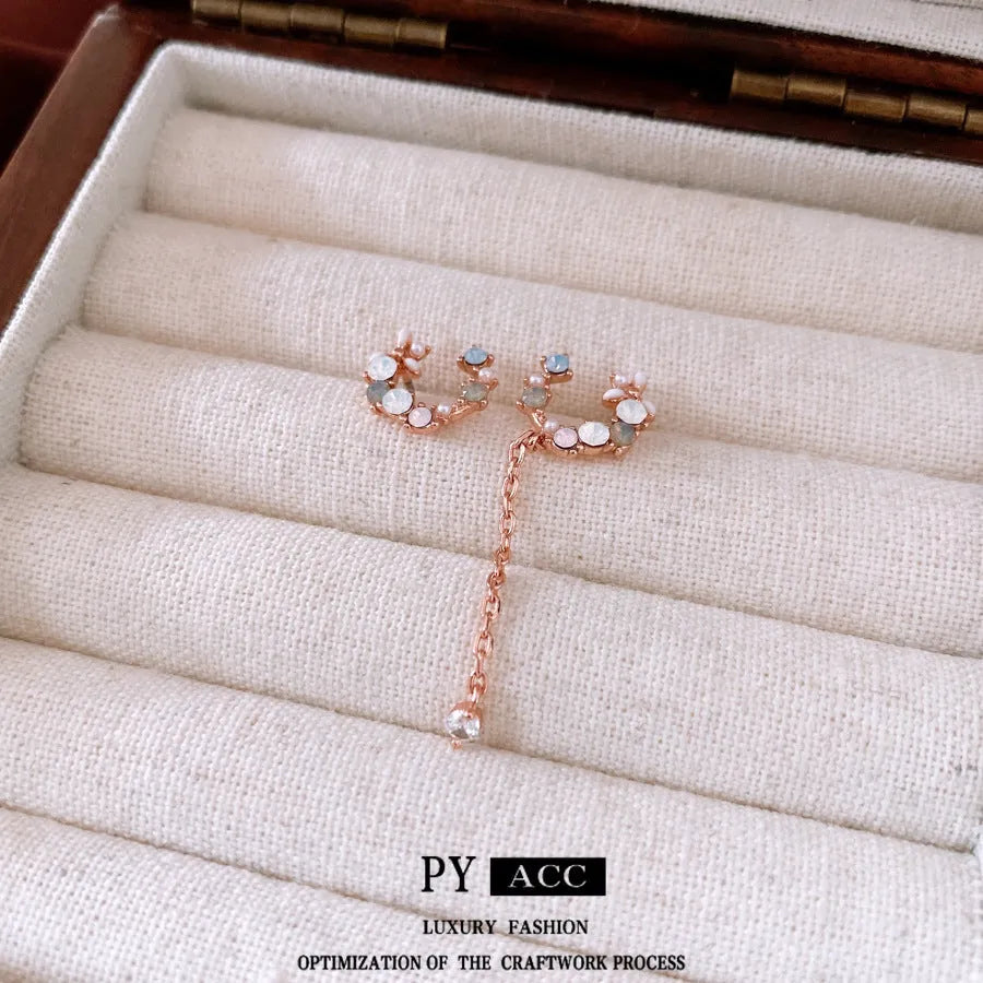 French style light luxury silver needle zircon flower drop earrings for women copper base rose gold colour