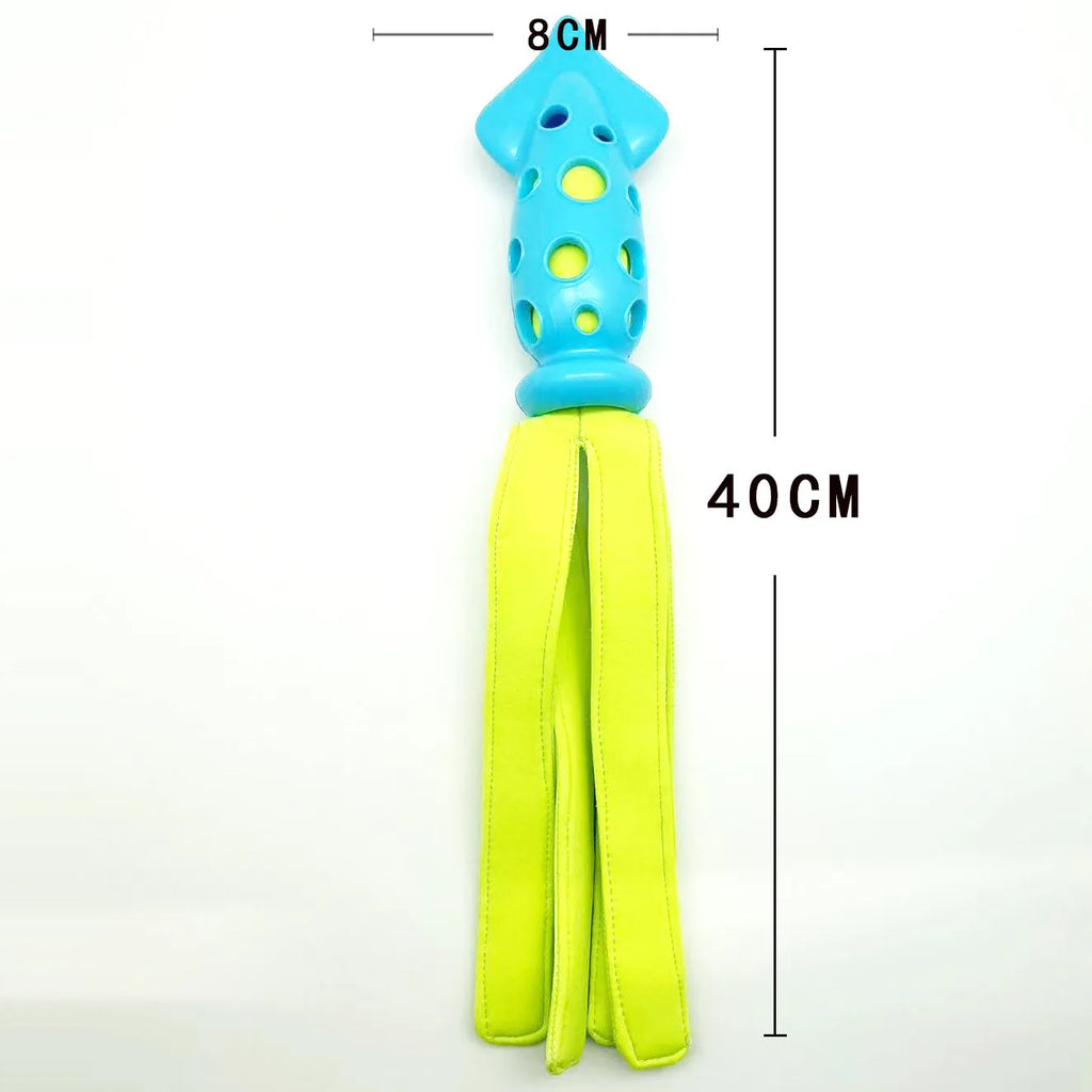 Blue squid-shaped dog chew toy with rubber tentacles and waterproof cloth elements measuring approximately 39cm