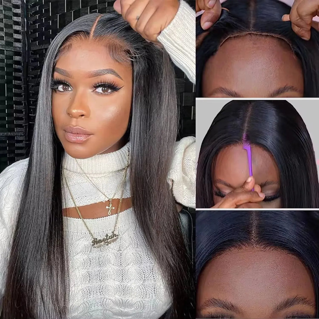 A woman wearing a long straight human hair glueless wig with side bangs.