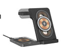 Foldable three-in-one wireless charging stand showing magnetic phone charger, Apple Watch dock, and earphone charging base