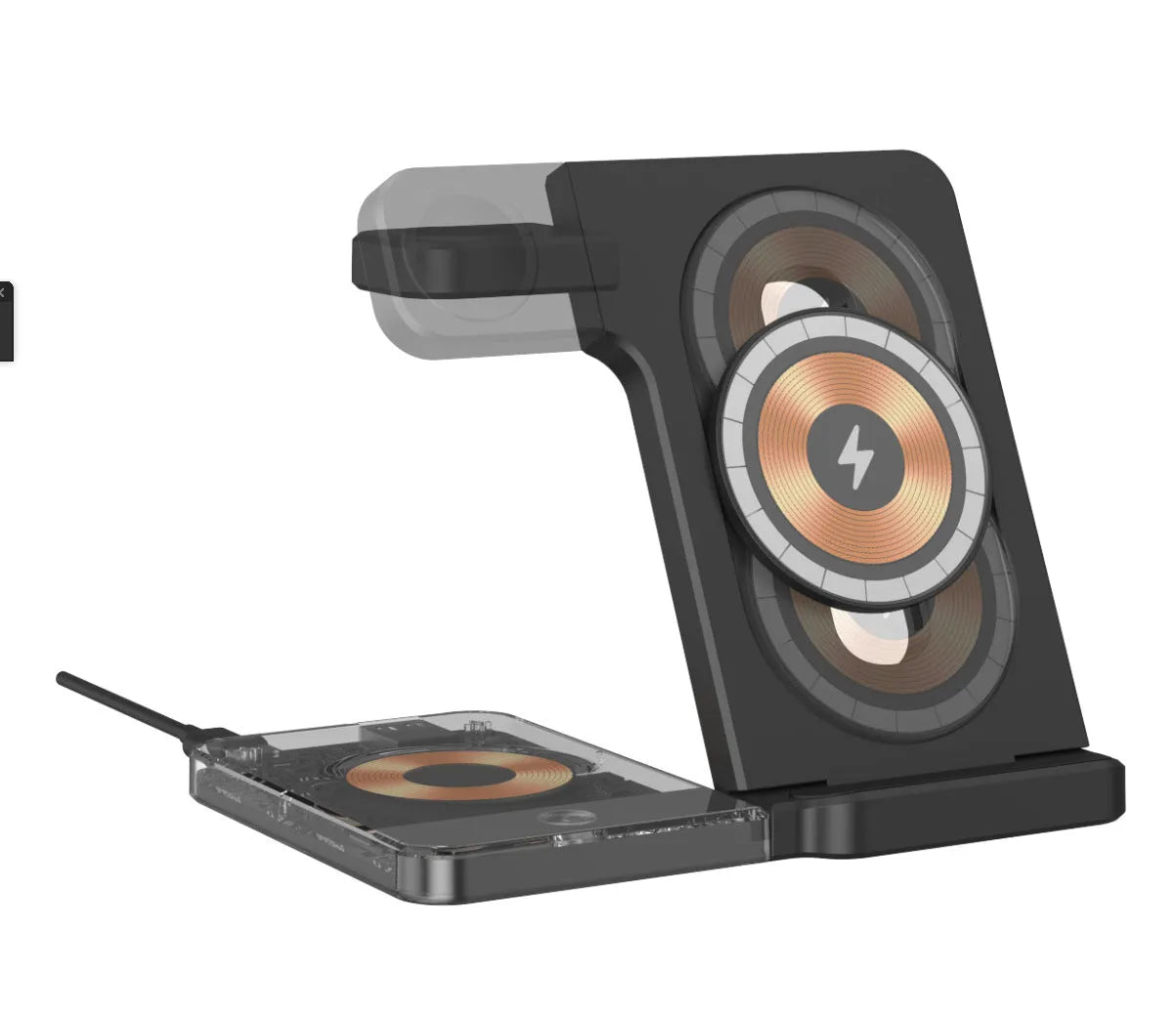 Foldable three-in-one wireless charging stand showing magnetic phone charger, Apple Watch dock, and earphone charging base