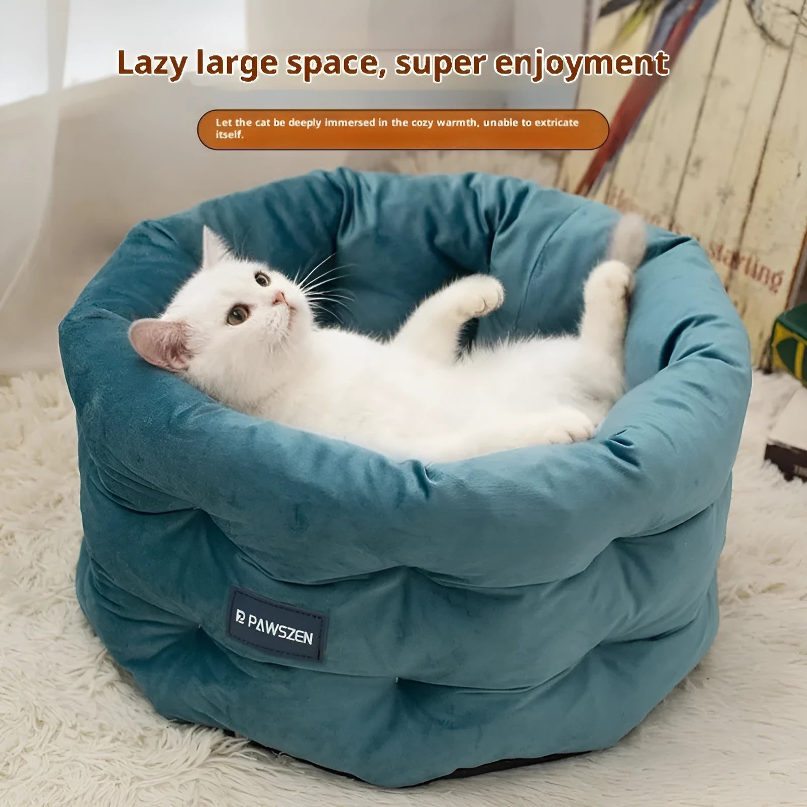 Winter warm flannel pet bed in emerald blue, medium size 48x26cm, on a wooden floor
