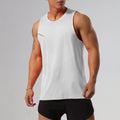 Man wearing a solid colour quick-dry polyester sports tank top for summer outdoor activities.