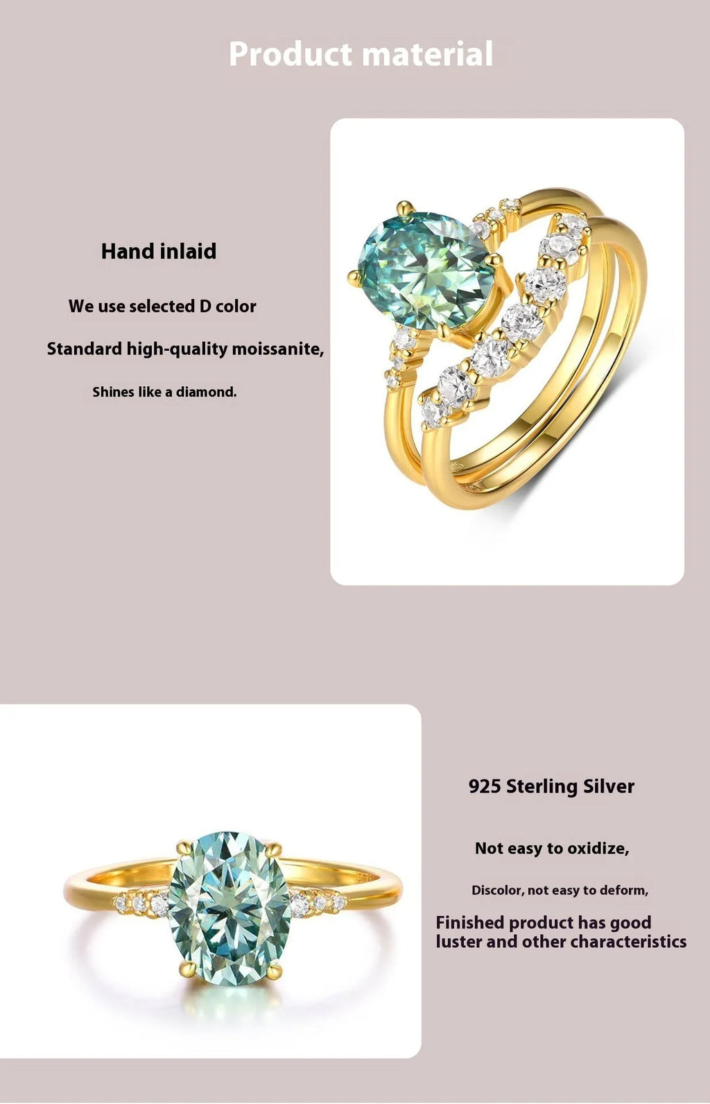 Gold S925 silver ring set with green moissanite stone, crown and geometric design, stacked on finger.