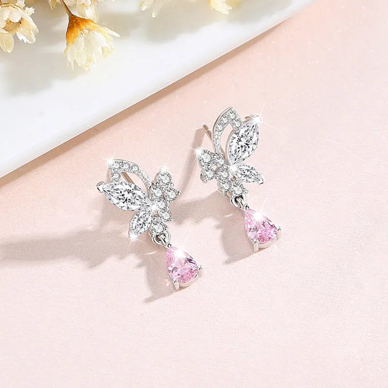 Crystal butterfly stud earrings in 925 silver, E0141 silver colour, one pair for women's pierced ears