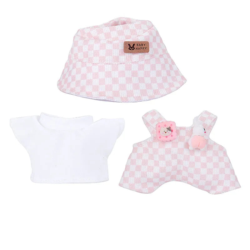 17cm doll clothes set with bucket hat, blouse, pants, and underwear in six colour options including No. 25 to No. 29 and Shoes No. 18