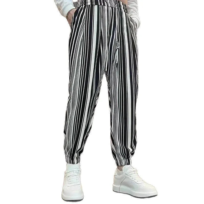 Men's ankle-tied cropped ice silk polyester fibre pants in dark gray with striped pattern