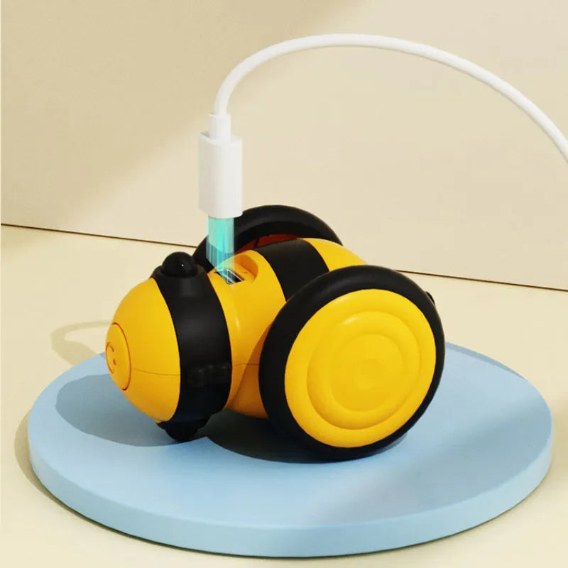 Electric cat toy with bee design on feather teaser wand showing automatic movement function