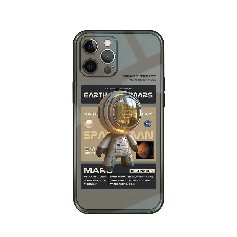 Black TPU protective phone case for Apple iPhone with Mars Ticket or Oasis Flight decorative print.