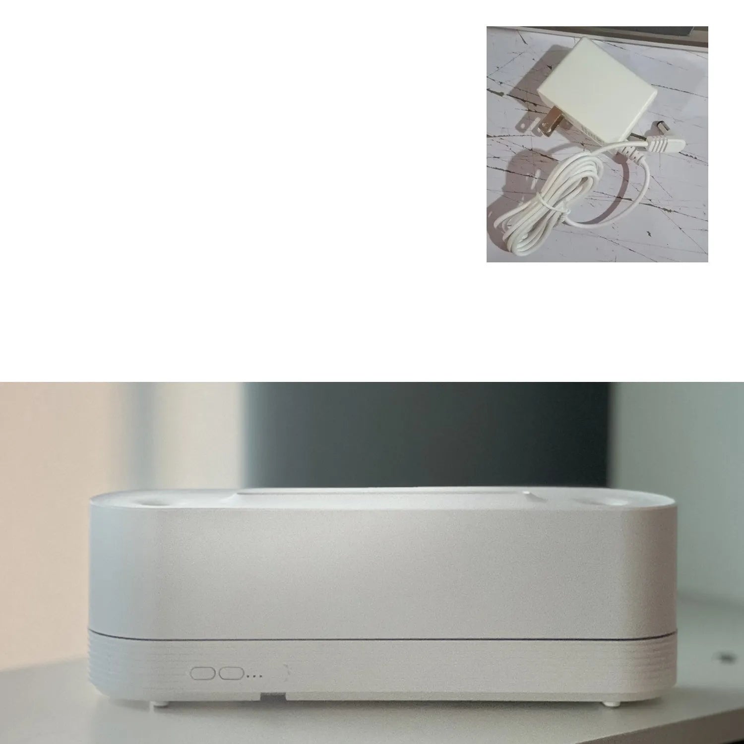 Black or white ultrasonic humidifier and aroma diffuser with LED lights creating flame mist effect.