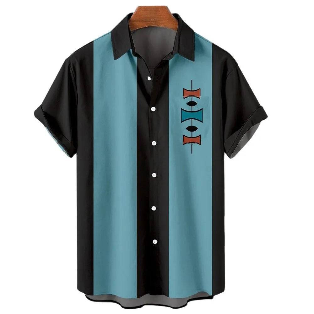 Men's striped Hawaiian casual button-down shirt with short sleeves in polyester fabric