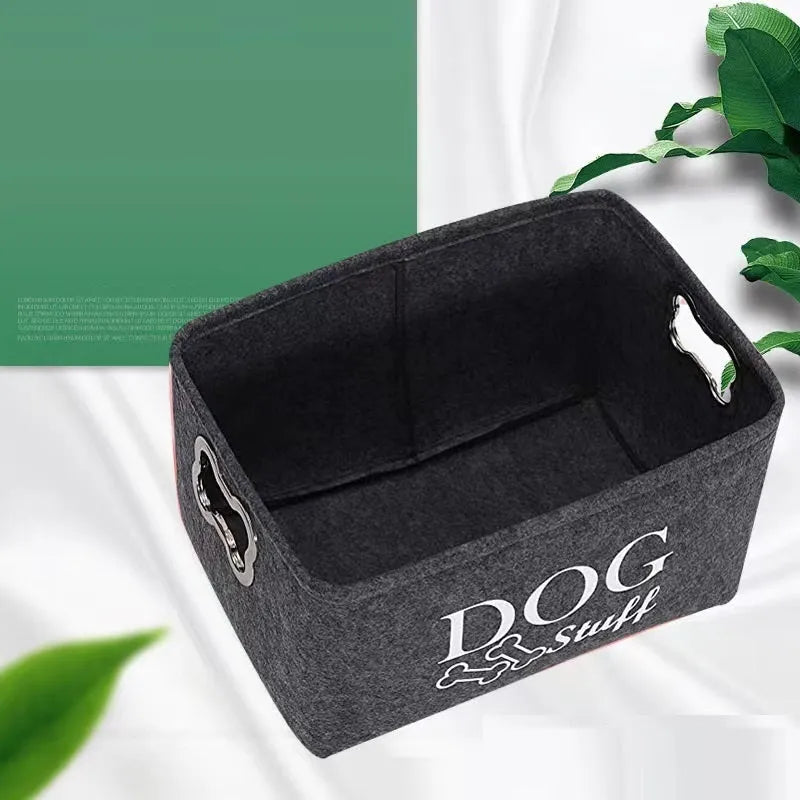 Dark grey felt storage box with metal handle for pet toys snacks sundries measuring 38x27x25 cm