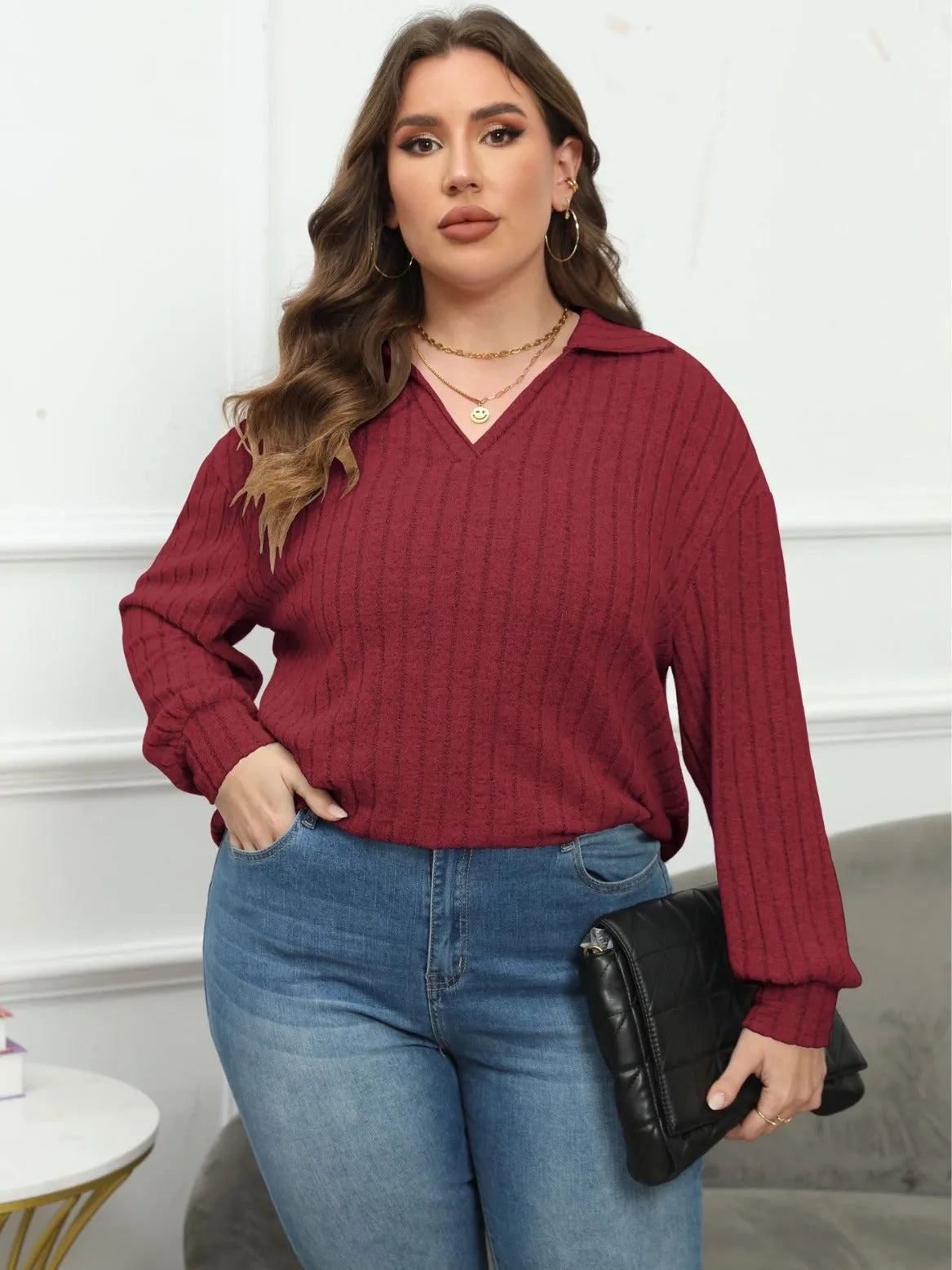 Women's plus size grey polo collar pullover with lantern sleeves in velvet fleece fabric