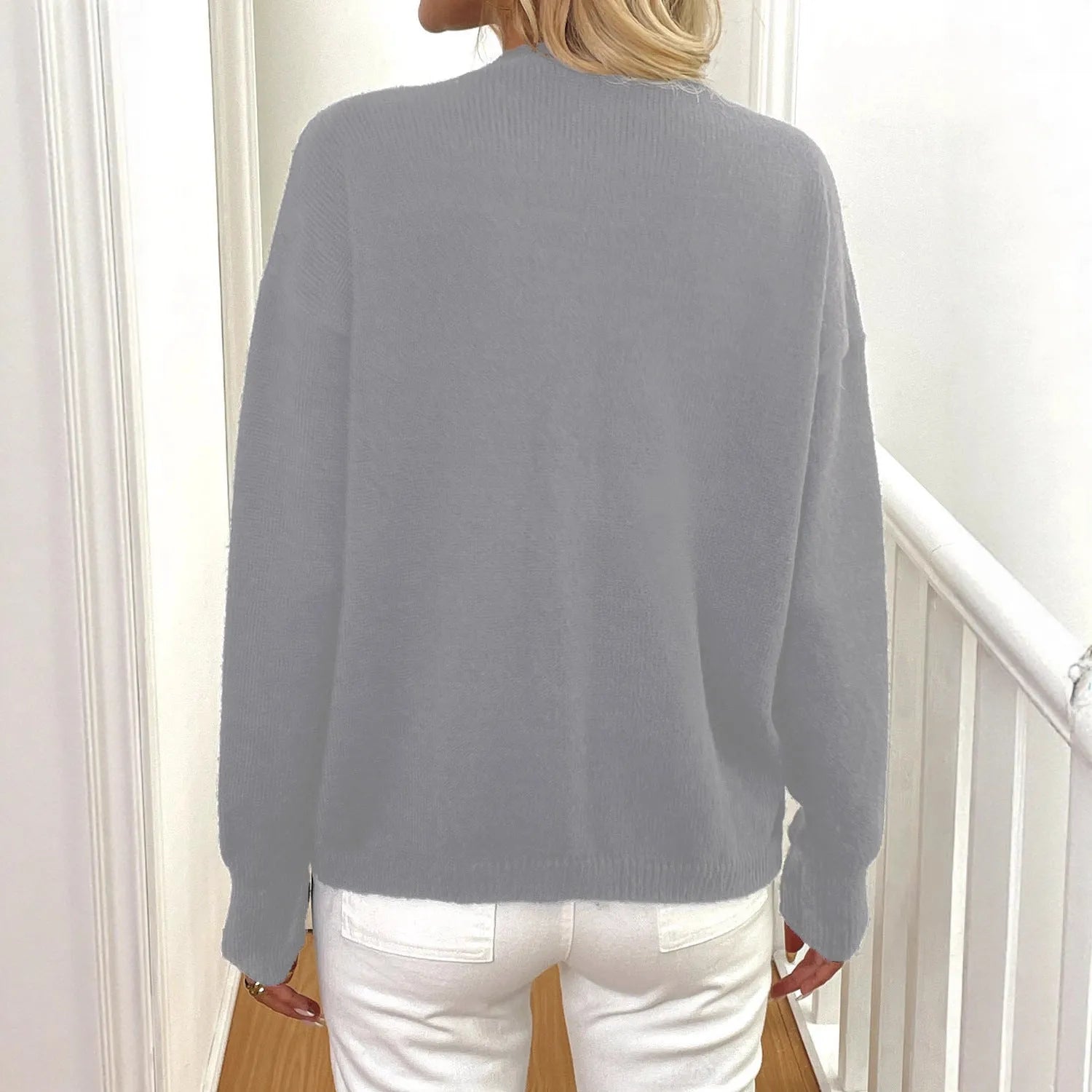 Women's deer plush long sleeve sweater coat in street hipster style with princess sleeves, shown in black and gray.