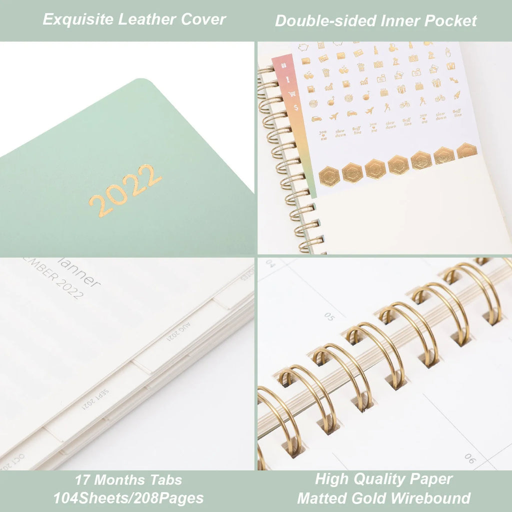Green and blue 17-month 2022 student planner notebook with coil binding and pockets