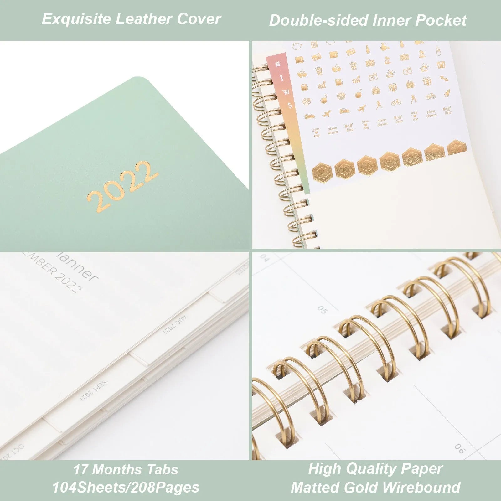 Green and blue 17-month 2022 student planner notebook with coil binding and pockets