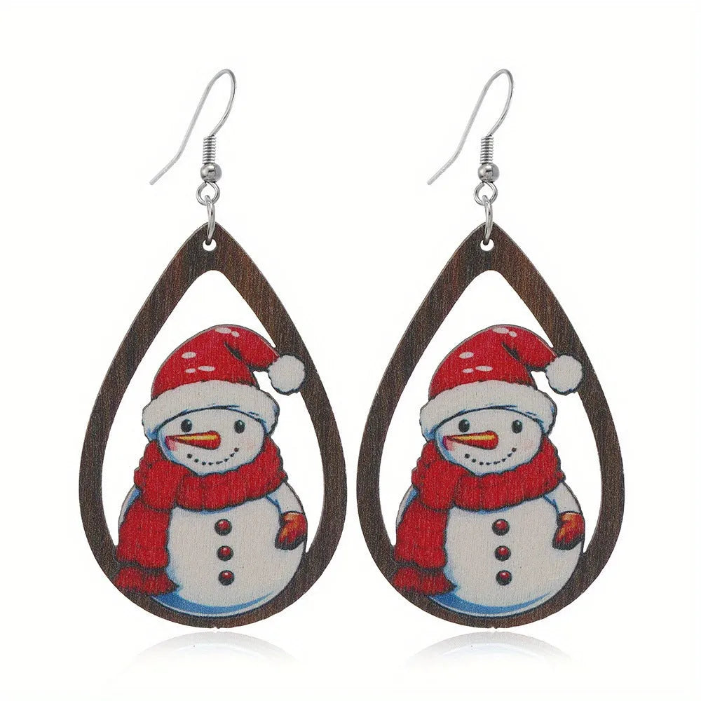 Women's wooden Christmas earrings with printed tree and snowman designs on geometric shapes