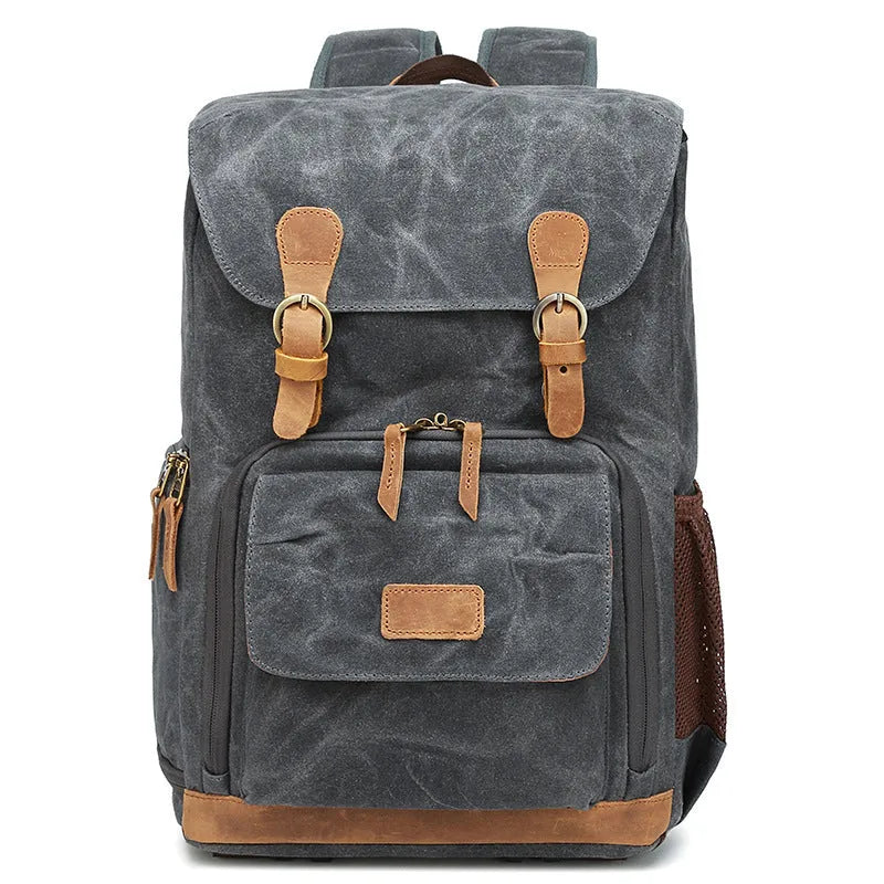 Canvas DSLR camera backpack in khaki colour, showing backpack straps and main compartment.