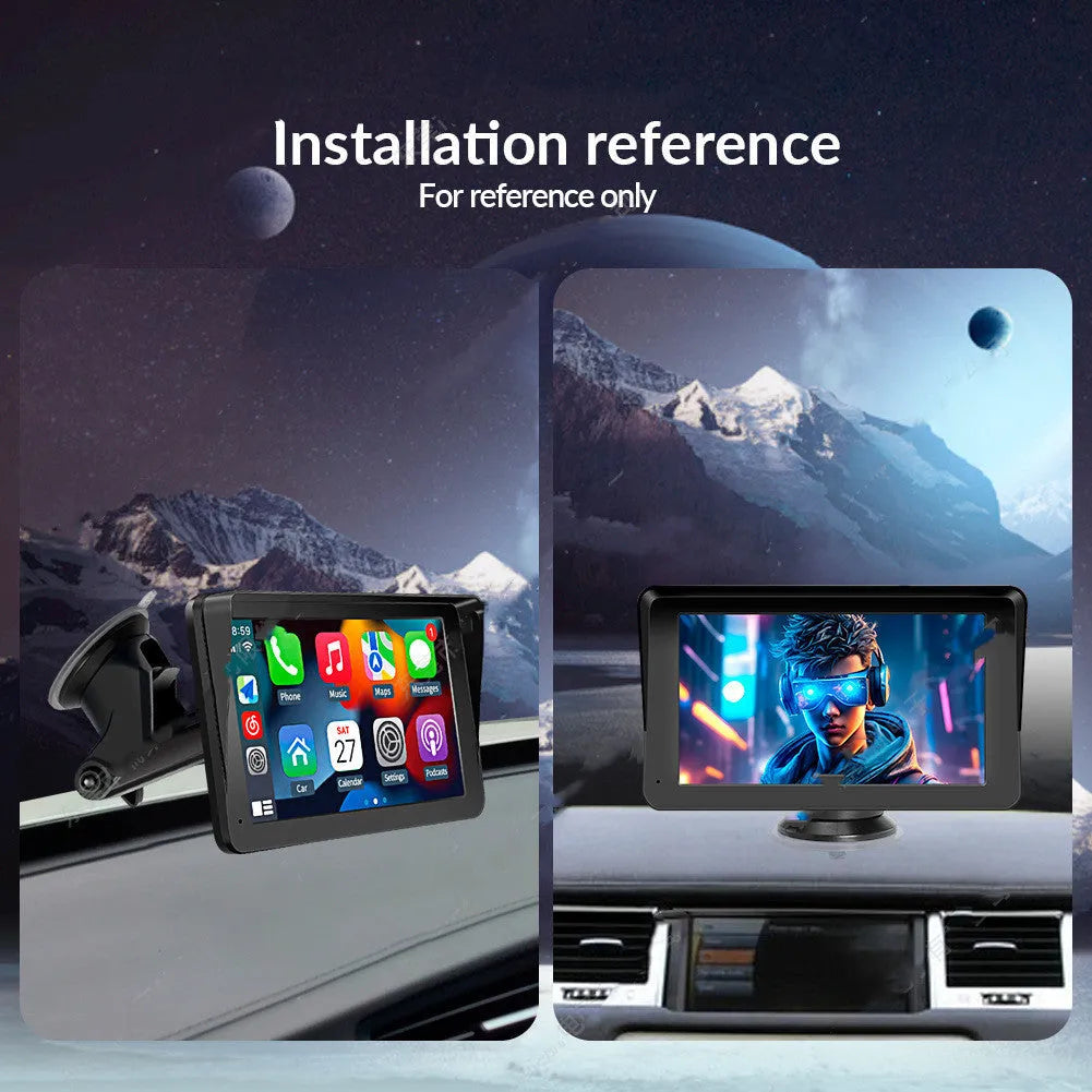 7-inch portable car MP5 player with wireless CarPlay, suction cup mount, and standard fisheye reversing camera