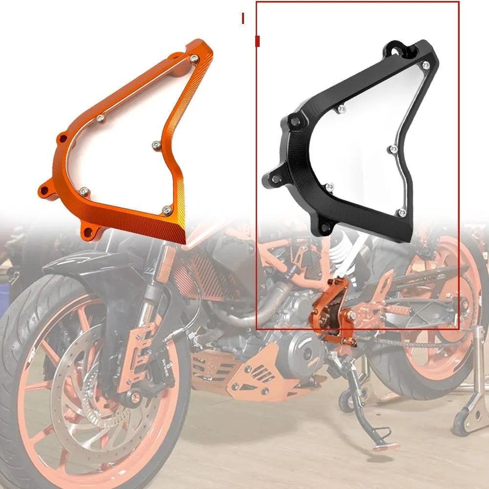 KTM Duke motorcycle chain front gear cover in black and orange options, 20cm by 15cm by 5cm.