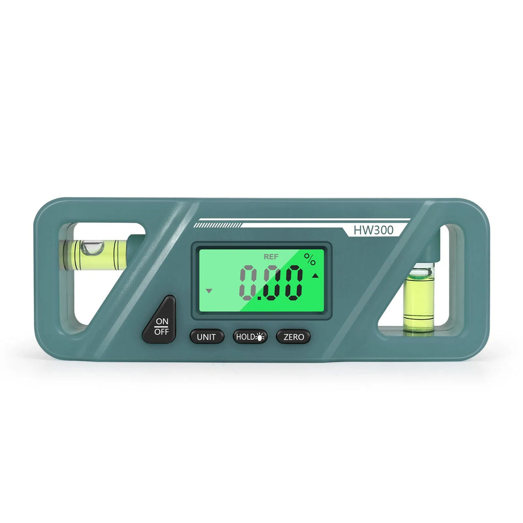 Digital display inclinometer level meter with magnetic base, showing angle reading on screen.