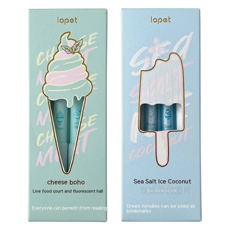 Four double-headed fluorescent pens with 0.5mm tips in cheese mint and sea salt ice cup colours.