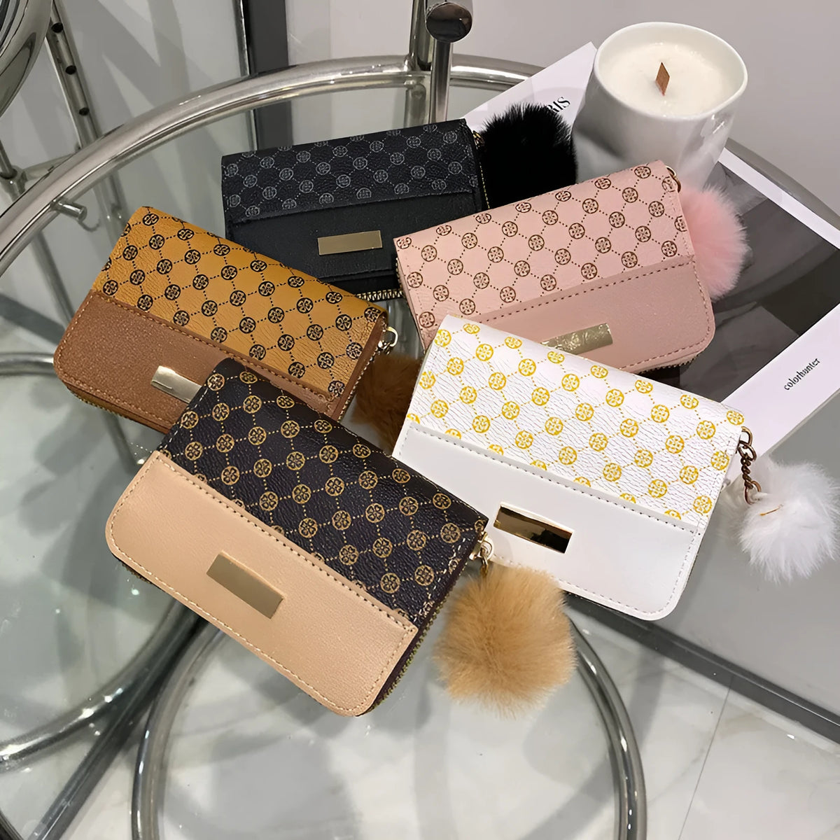 Women's short printing colour contrast Korean style PU leather wallet with coin pocket in black