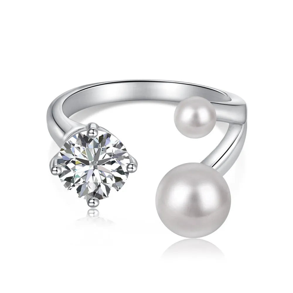 S925 sterling silver open ring for women with zircon and pearl inlay and adjustable opening in platinum colour