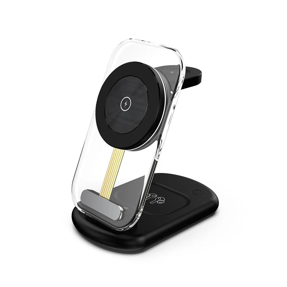 Transparent folding magnetic wireless charger in black on a table.