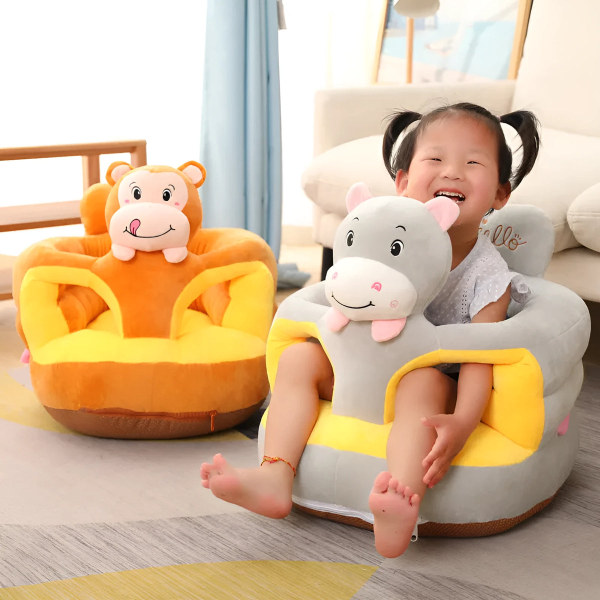 Anti-rollover baby sofa seat in plush cartoon animal design, 45 x 45 x 45 cm, PP cotton filled