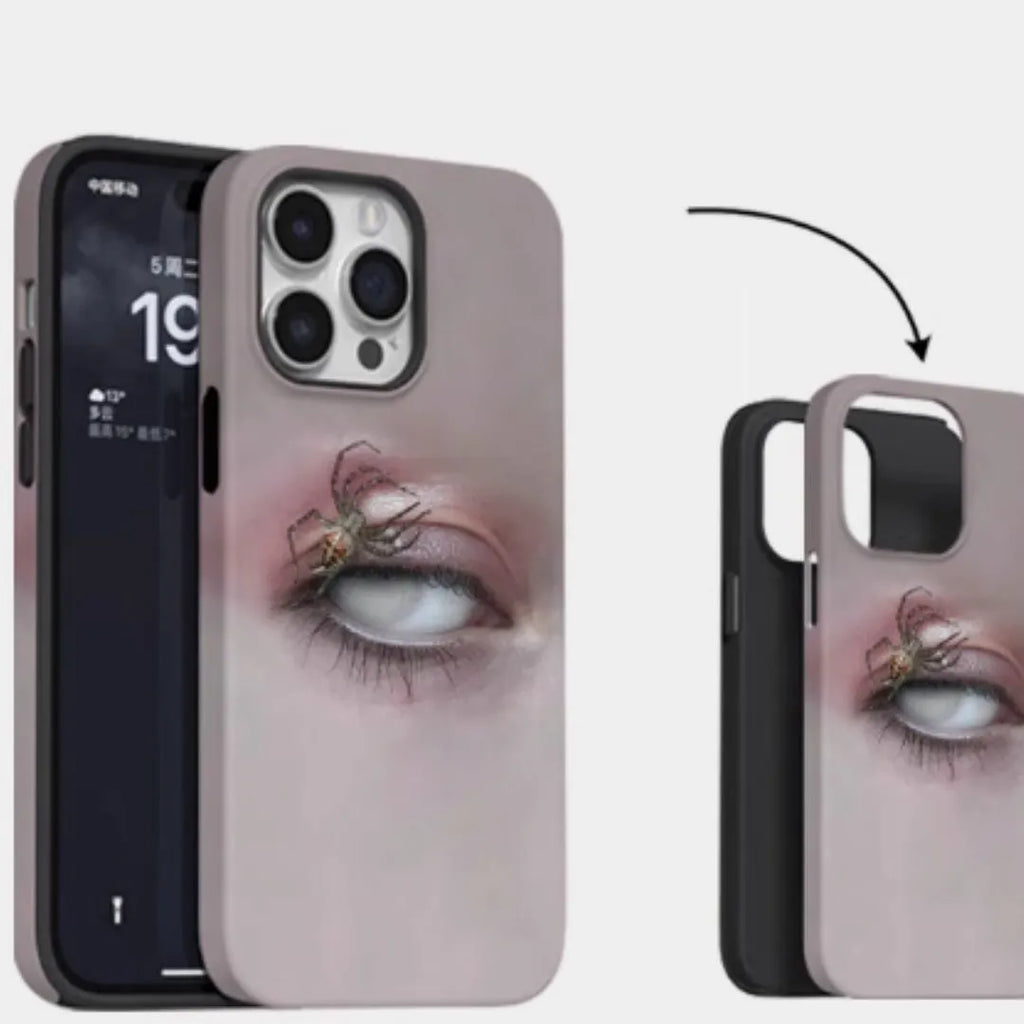 Dark heterochromatic spider pattern resin phone case for iPhone 15 Pro Max with frosted finish.