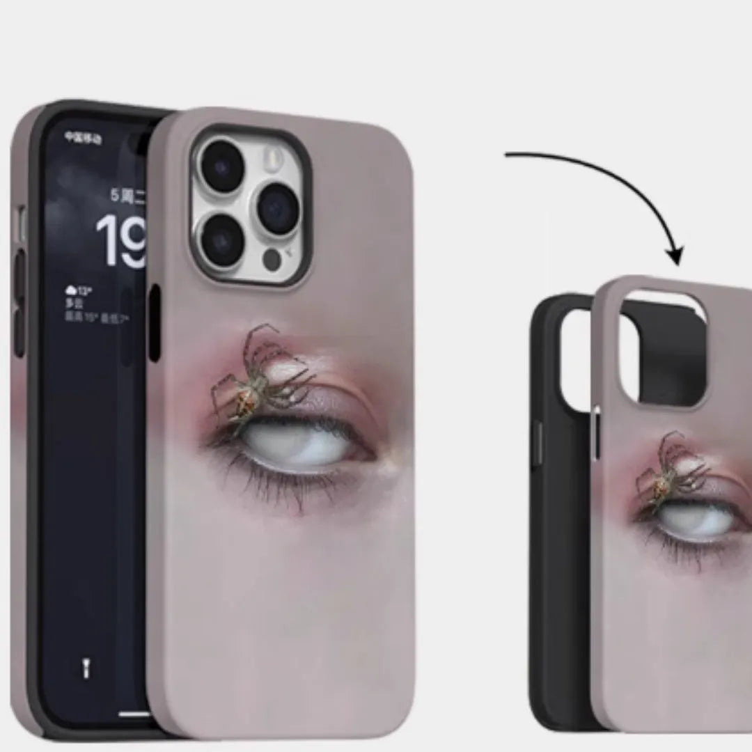Dark heterochromatic spider pattern resin phone case for iPhone 15 Pro Max with frosted finish.