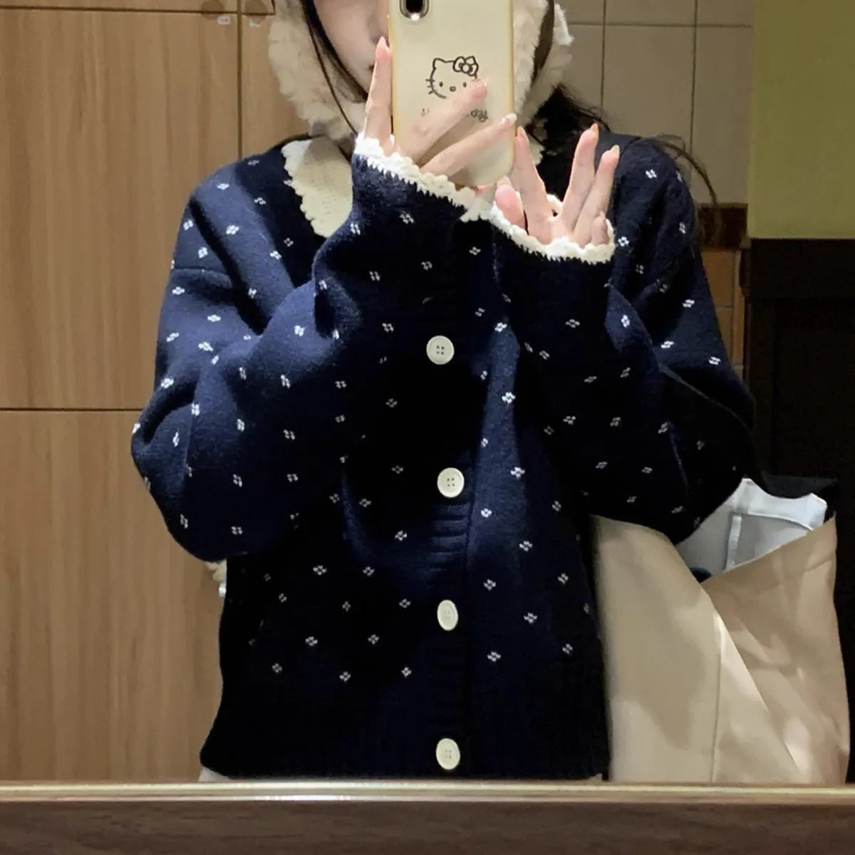 Retro Peter Pan collar knitted cardigan with floral embroidery in navy blue colour