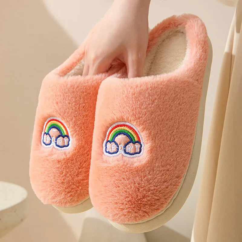 Kawaii rainbow embroidered plush slippers in white, rubber sole, wrapped toe, indoor winter wear