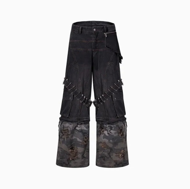 Men's grey camouflage pattern splicing jeans with pin detailing and ribbon accents on cotton denim