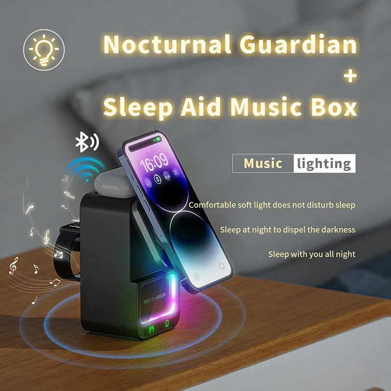 Black and white 5-in-1 Bluetooth speaker with wireless charging station showing magnetic Qi charging area