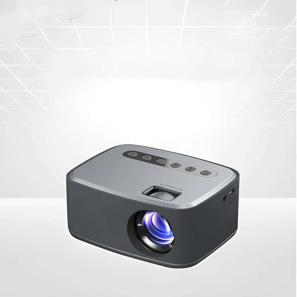 T20 Mini Projector in silver black with LED lens, remote control, and power cord on a table