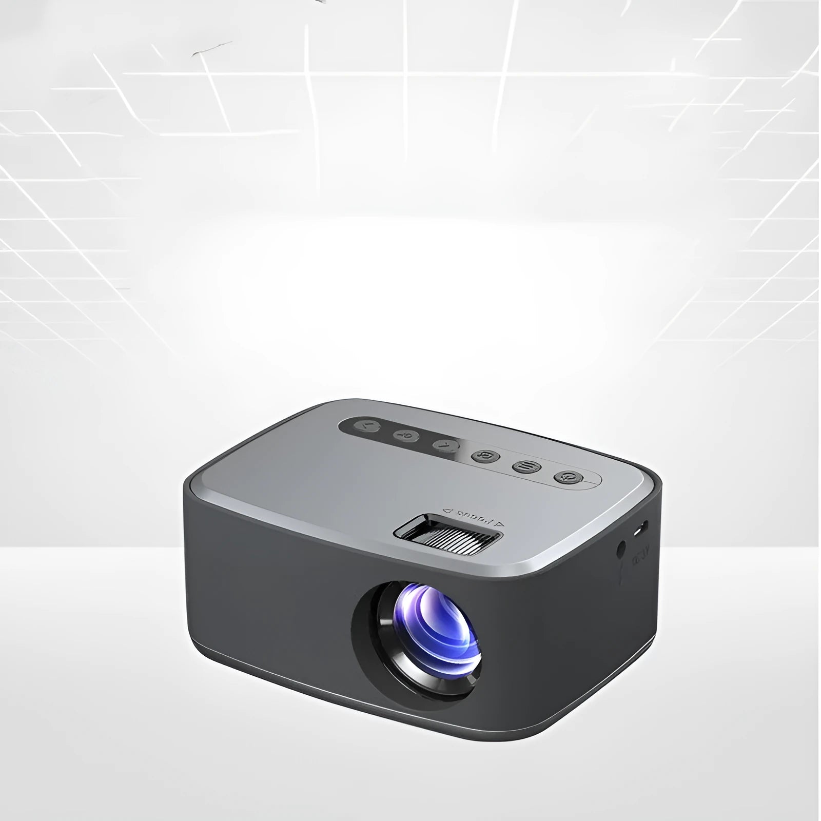 T20 Mini Projector in silver black with LED lens, remote control, and power cord on a table