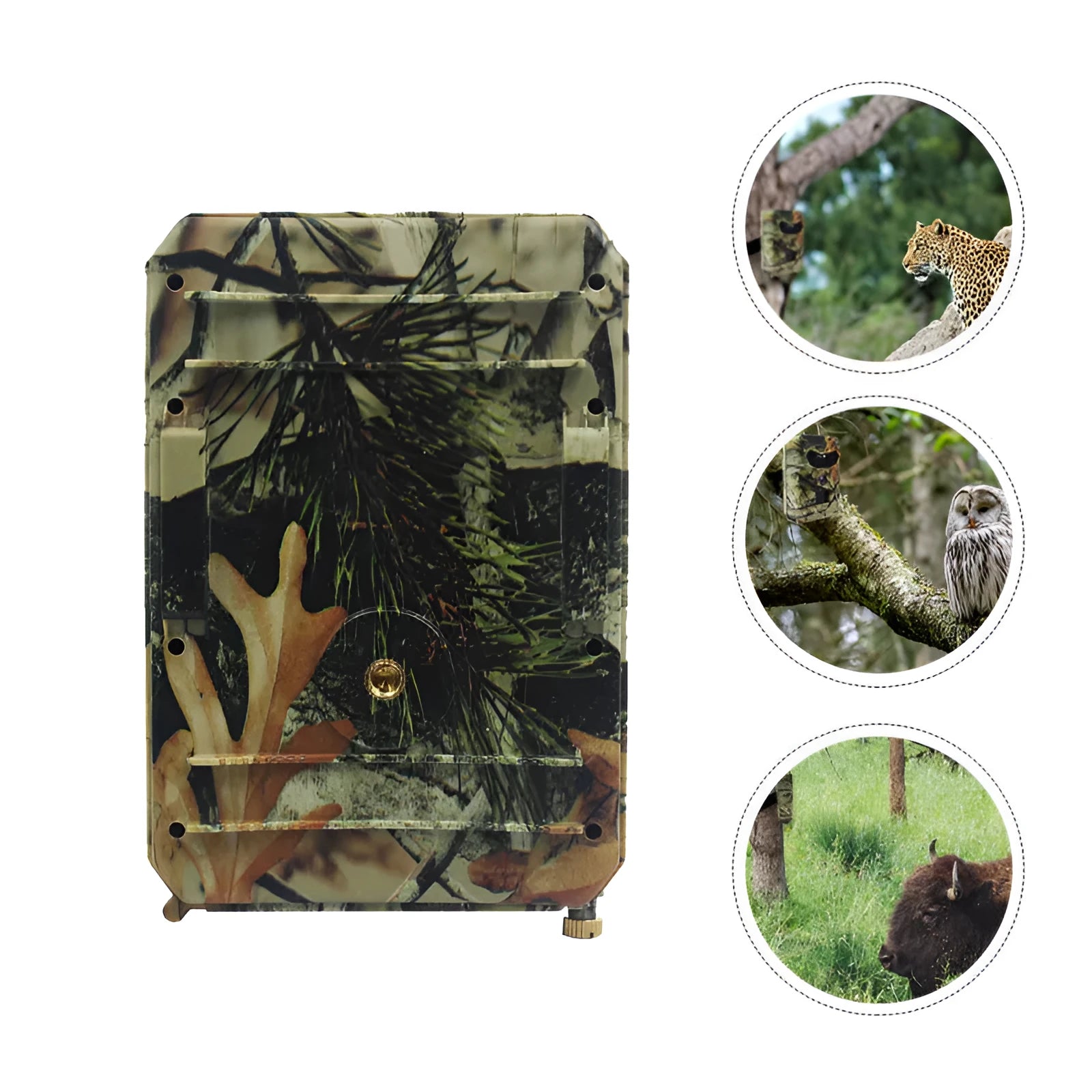 Yellow brown plastic 16MP hunting game camera with infrared LEDs for night vision.